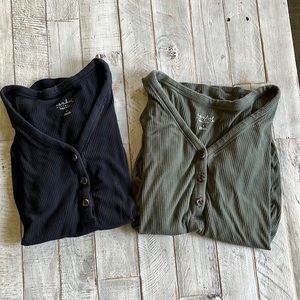 Two ribbed Isabel maternity tops black is size XS and green is size S